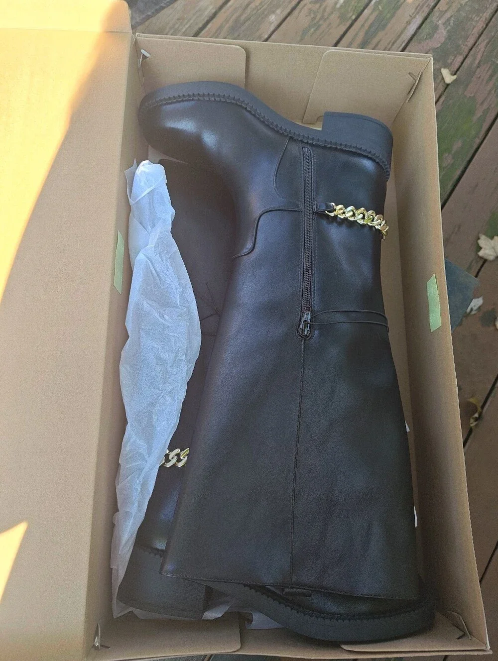 8.5 Black Knee-High Boots With Gold Chain Accent